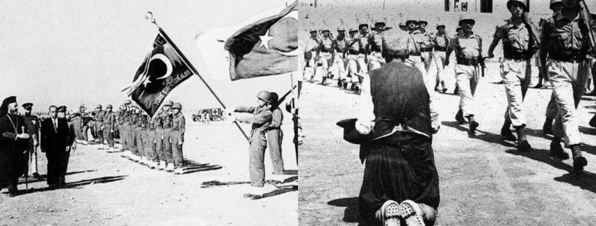Αριστερά, ο Πρόεδρος Μακάριος με τον Τουρκοκύπριο αντιπρόεδρο Κιουτσούκ επιθεωρούν την Τουρκική Δύναμη κατά την ανακήρυξη της Κυπριακής Δημοκρατίας στις 16 Αυγούστου 1960. Δεξιά, την ίδια ημέρα παρελα