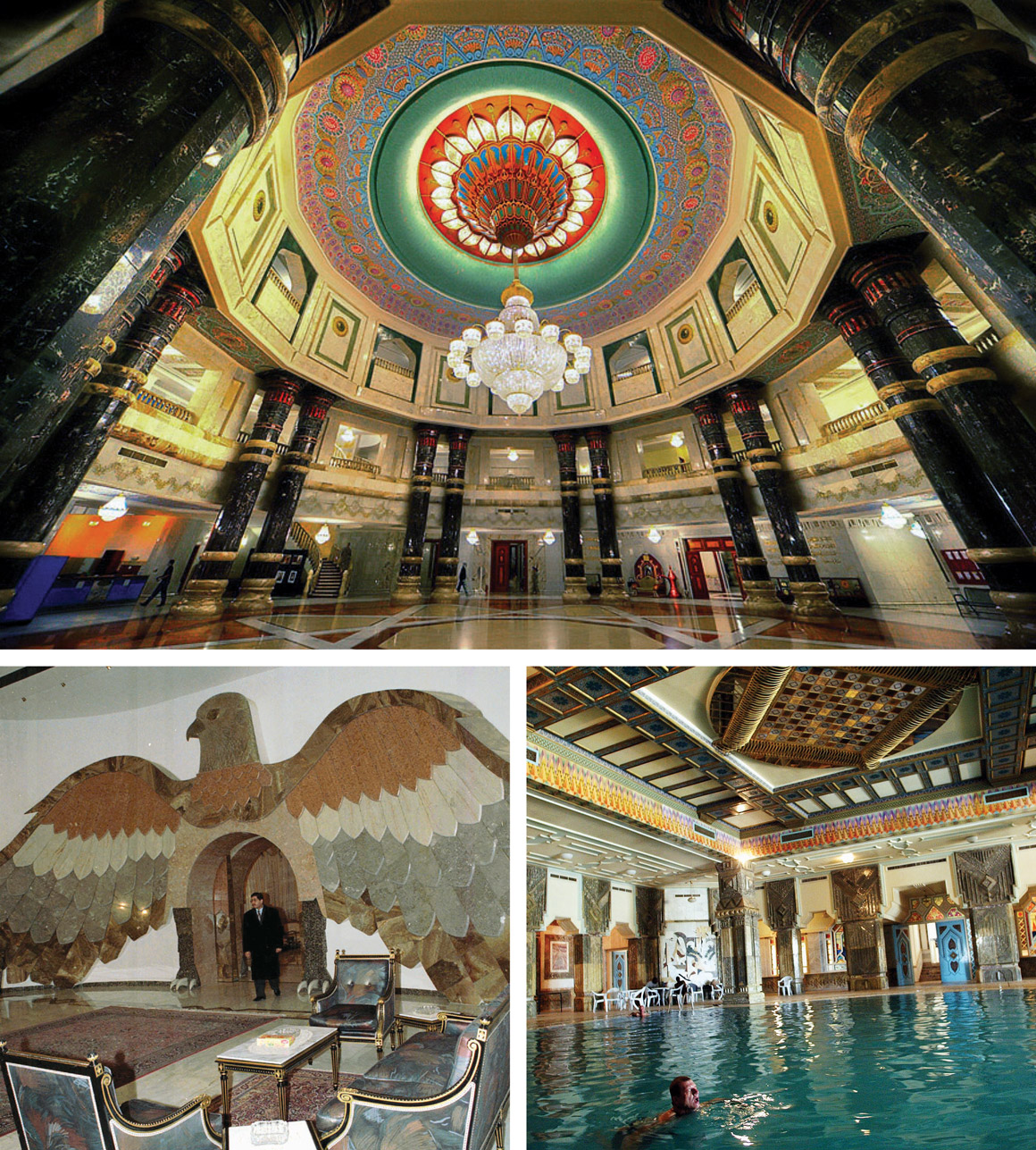 SADDAM HUSSEIN: The Iraqi president had dozens of palaces, villas, mansions and compounds around the country—many of which were converted into military outposts after the 2003 U.S. invasion. At top: the Al Faw palace in Baghdad; bottom left: a marble falcon in Baghdad; bottom right: a U.S. soldier swimming in a Tikrit palace in 2003, shortly after Hussein’s ouster.