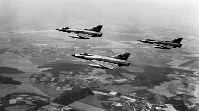 This file photo taken on June 5, 1967 shows Israeli airforce Dassault Mirage III fighters flying over the Sinai Peninsula at the Israeli-Egyptian border on the first day of the Six Day War. (AFP) 