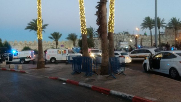 The site of a terror attack at Damascus Gate in Jerusalem, June 16, 2017 in which a Border POlice officer was critically injured. (Magen David Adom)