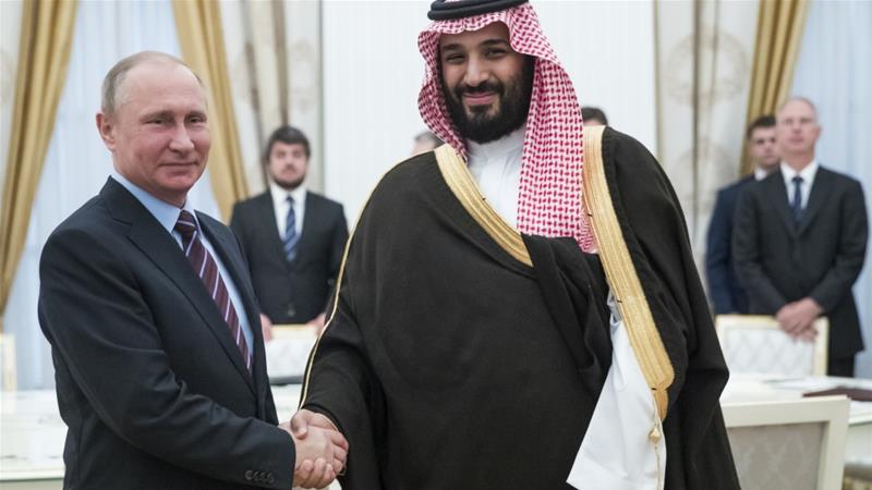 Russian President Vladimir Putin shakes hands with Saudi Deputy Crown Prince Mohammed bin Salman during a meeting at the Kremlin on May 30 [Pavel Golovkin/AFP]