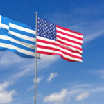 Usa,And,Greece,Flags,Over,Blue,Sky,Background.,3d,Illustration