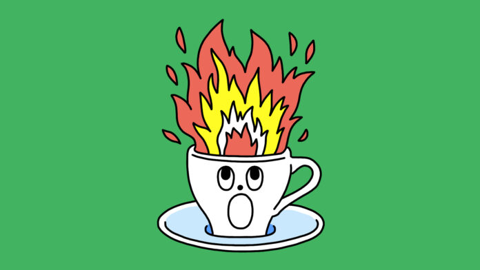 Illustration of a teacup with a shocked face and flames coming out of the top